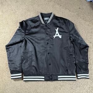 Tha Alumni Satin Varsity Jacket Black Mens Size L Snap Button Bomber Streetwear
